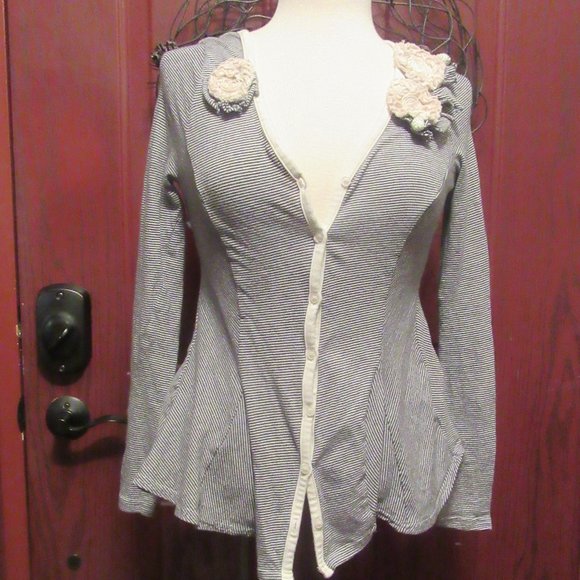 Luluvia Tops - Y2K Vintage Anthropologie Black Cream Luluvia Striped Cardigan w. flowers Small